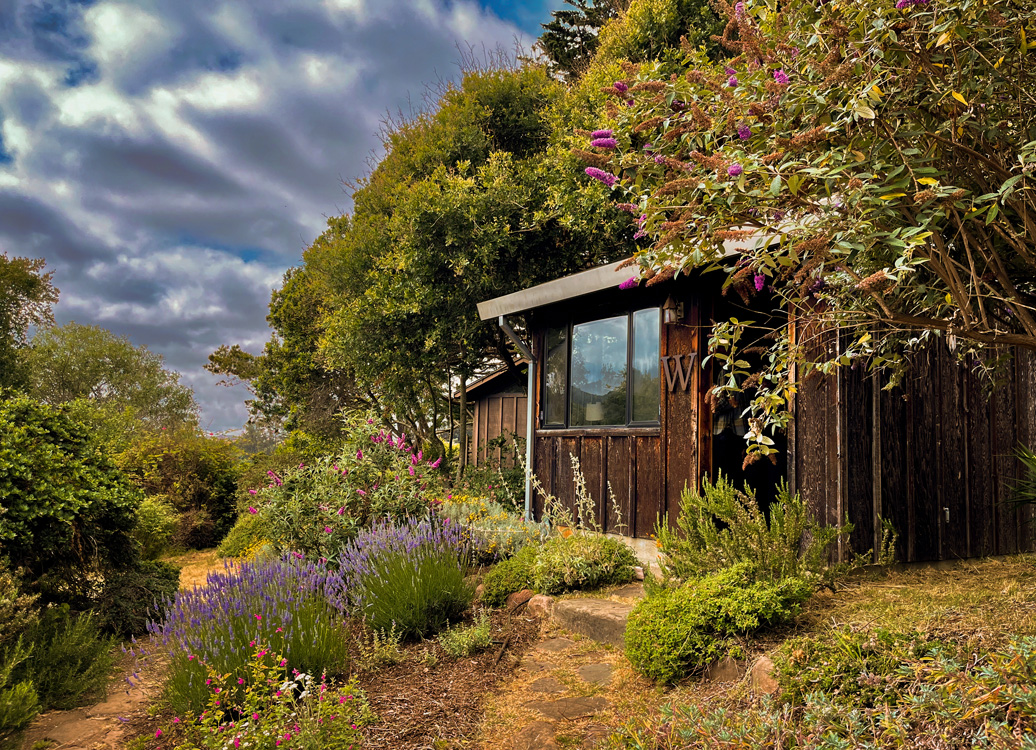 mesa-refuge-writing-cottage-garden.jpg Rustic writing studio surrounded by gardens with flowers and trees.